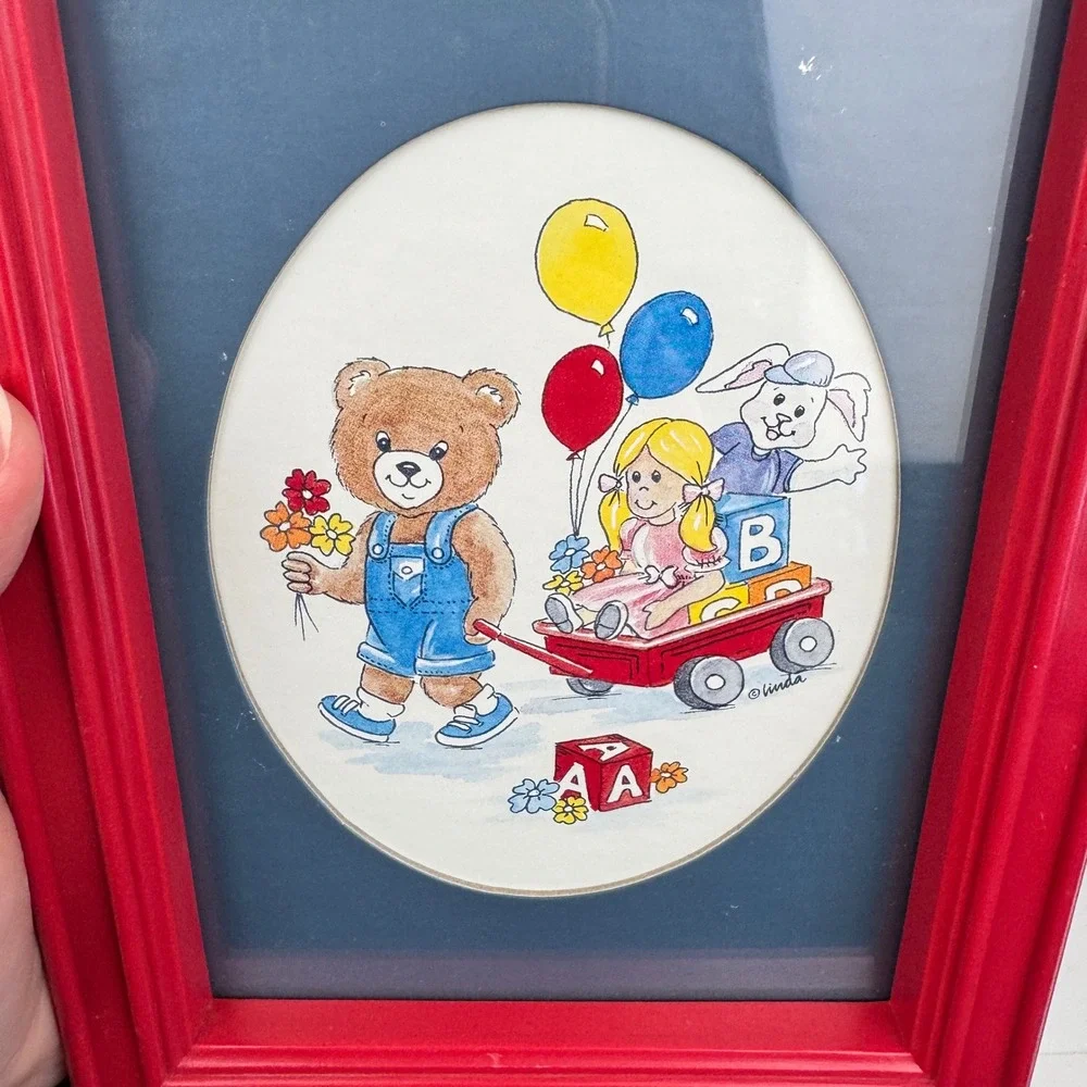 Vtg plastic red frame baby nursery teddy bear blocks balloons oval image READ